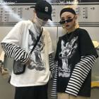 Couple Matching Long-sleeve Striped Panel Printed T-shirt