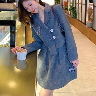 Set: Plaid Asymmetrical Blazer + Mini A-line Skirt