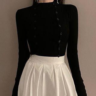 Long-sleeve V-neck Single-breasted Plain Knit Top Black - One Size