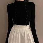 Long-sleeve V-neck Single-breasted Plain Knit Top Black - One Size