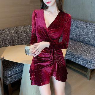 Long-sleeve Drawstring Velvet Mini Mermaid Dress