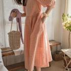 Balloon-sleeve Gingham Long Dress Orange - Pink - One Size