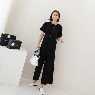 Set: Deep-slit Knit Top + Wide-leg Pants