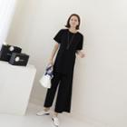 Set: Deep-slit Knit Top + Wide-leg Pants