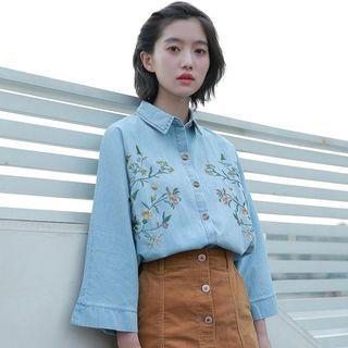 Flower Embroidered Flared-sleeve Denim Shirt Denim Blue - One Size