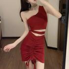 Set: One-shoulder Crop Top + Drawstring Mini Fitted Skirt