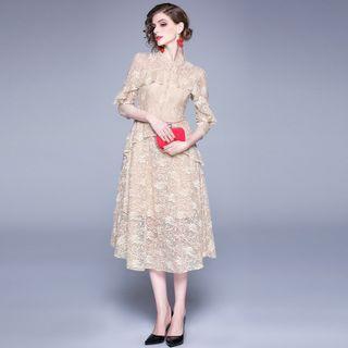 Elbow-sleeve Lace A-line Midi Cocktail Dress