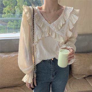 Lace Trim Ruffle Blouse Almond - One Size