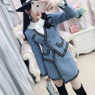 Set: V-neck Tweed Jacket + Irregular Mini Pencil Skirt