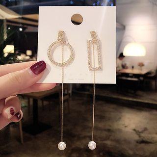 Rhinestone Faux Pearl Drop Earring 1 Pair - Asymmetric - Gold & White - One Size