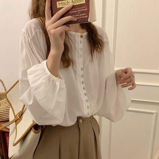 Long-sleeve Button-up Chiffon Blouse White - One Size