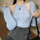 Set: Halter-neck Knit Camisole Top + Open-front Cardigan