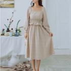 Lantern-sleeve Plaid Gathered-waist Midi Dress