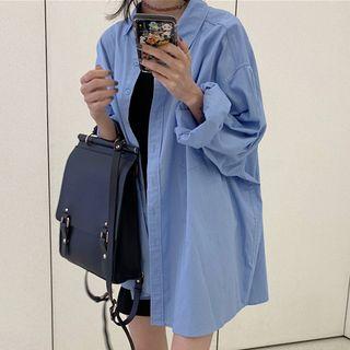 Long-sleeve Oversized Shirt / Spaghetti-strap Plain Dress