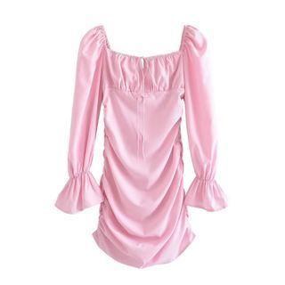 Bell-sleeve Shirred Mini Sheath Dress