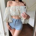 Long-sleeve Cold Shoulder Crop Top Floral - Off-white - One Size