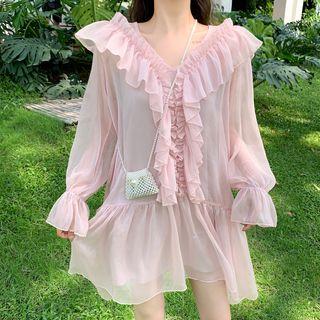 Ruffle Long-sleeve Loose-fit Dress Pink - One Size