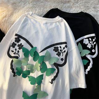 Elbow-sleeve Butterfly Accent T-shirt