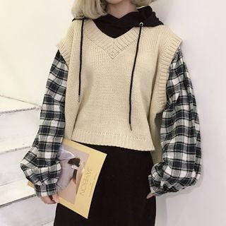 Mock Two-piece Plaid Panel Hoodie