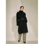 High-neck Wool Blend Coat With Belt Black - One Size