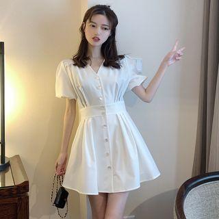 Puff-sleeve V-neck Buttoned A-line Dress