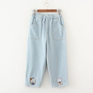 Cartoon Cat Embroidered Capri Jeans