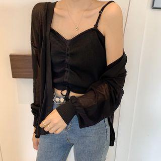 Open Front Cardigan / Drawstring Knit Camisole