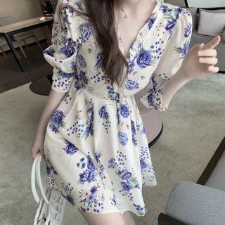 Floral Print Puff-sleeve V-neck A-line Dress