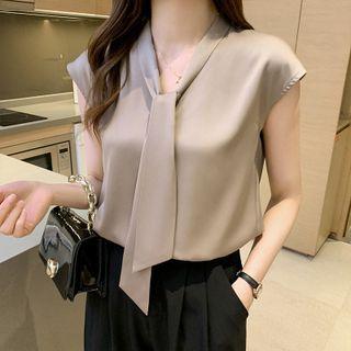 Cap-sleeve Bow-neck Silky Blouse