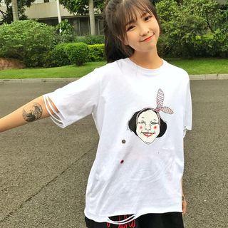 Printed Ripped Elbow-sleeve T-shirt