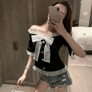 Mesh Trim Cold-shoulder Elbow-sleeve Blouse Black - One Size