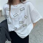 Elbow-sleeve Lettering T-shirt / Color Block Midi Skirt