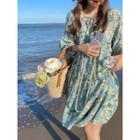 Long-sleeve Floral Print Loose-fit Dress As Figure - One Size
