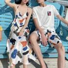 Couple Matching Printed Spaghetti Strap Midi A-line Dress / Short-sleeve T-shirt / Shorts