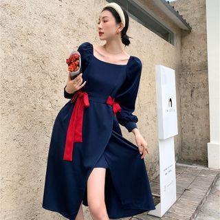 Long-sleeve Square-neck Slit Midi A-line Dress