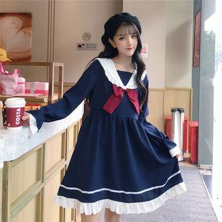 Long-sleeve Sailor Collar A-line Dress Blue - One Size