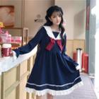 Long-sleeve Sailor Collar A-line Dress Blue - One Size