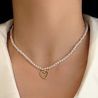Heart Pendant Beaded Necklace Necklace - Faux Pearl & Love Heart - Silver - One Size