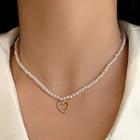 Heart Pendant Beaded Necklace Necklace - Faux Pearl & Love Heart - Silver - One Size