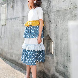 Elbow-sleeve Polka Dot Paneled A-line Midi Tiered Dress