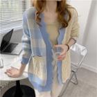 Paneled Gingham Check V-neck Cardigan Blue - One Size