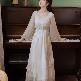Long-sleeve Lace Trim Embroidered Midi A-line Dress