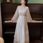 Long-sleeve Lace Trim Embroidered Midi A-line Dress