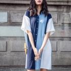 Color Block Short-sleeve Shirt Dress As Shown In Figure - One Size
