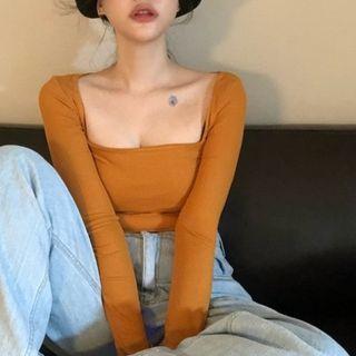 Square-neck Skinny Plain Long-sleeve Top Yellow - One Size