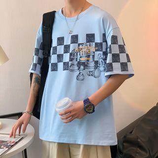 Short-sleeve Checkered Panel Chess Print T-shirt