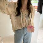 Floral Embroidered Long-sleeve Blouse Almond - One Size