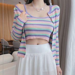Set : Striped Knit Suspender + Striped Cardigan