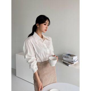 Balloon-sleeve Plain Blouse Ivory - One Size