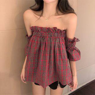 Cold Shoulder Plaid Blouse Red - One Size